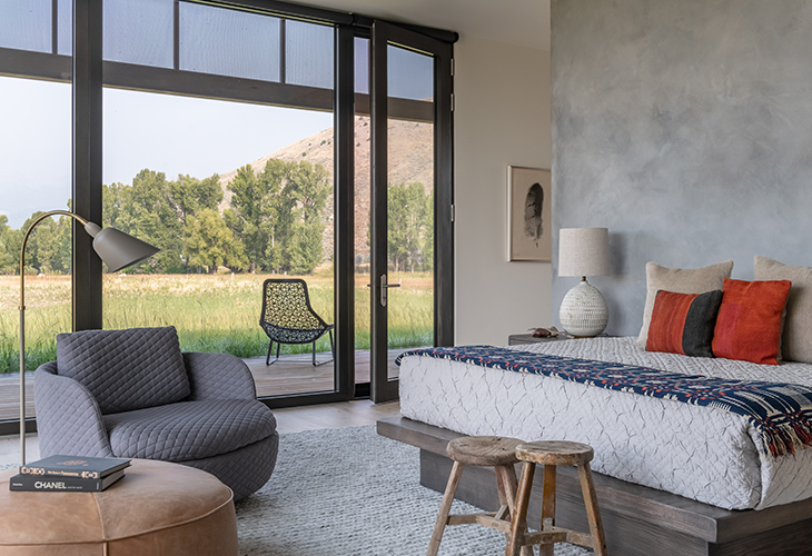 bedroom at the hale lodge residence in jackson wyoming featuring modern furniture from studio como