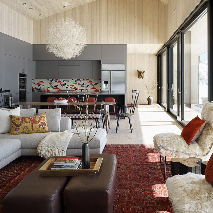 living room at the hale lodge residence in jackson wyoming featuring modern furniture from studio como