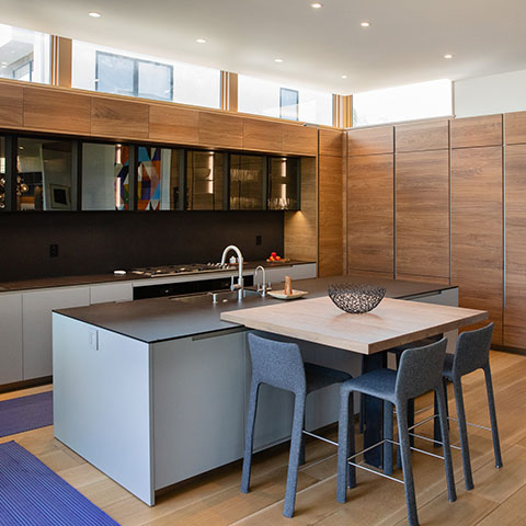 modern kitchen in boulder colorado featuring poliform cabinetry and an electric blue paola lenti runner