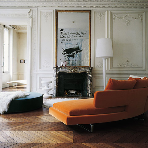 modern living room in historic house featuring a b&b italia harry large ottoman