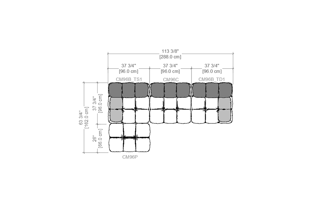 line drawing and dimensions for b&b italia camaleonda sofa chaise left