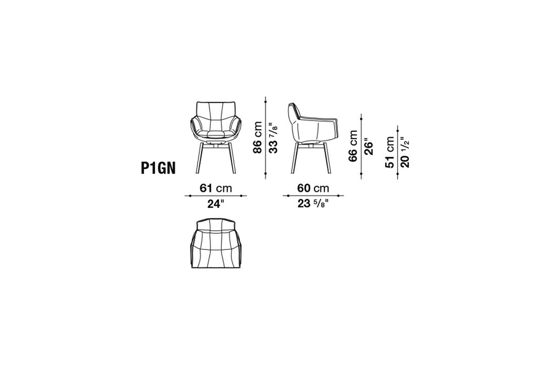line drawing and dimensions of b&b italia husk chair model p1gn