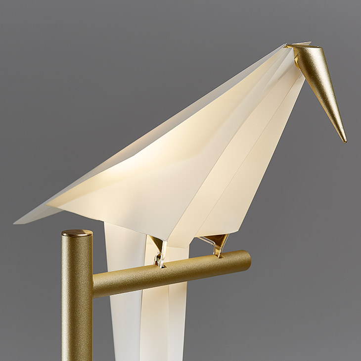 close up of a moooi perch light table lamp on a grey background