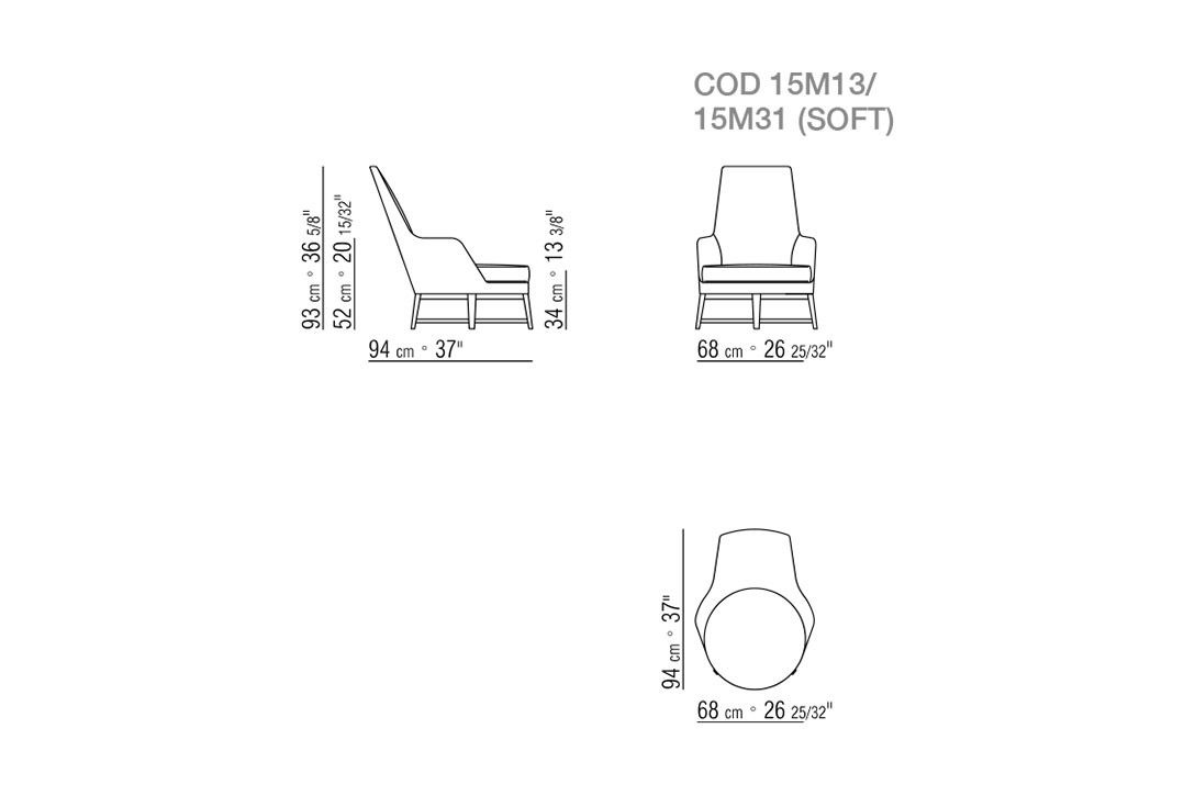 line drawing of a flexform guscioalto armchair wood base