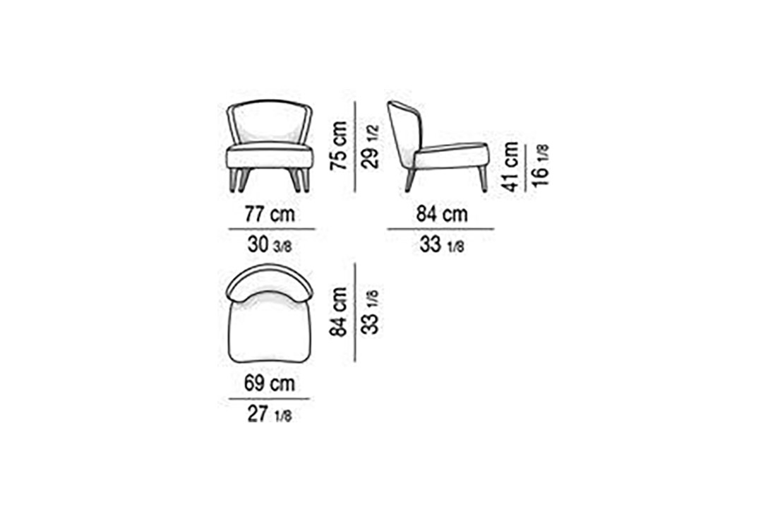line drawing and dimensions for minotti aston armchair without armrests