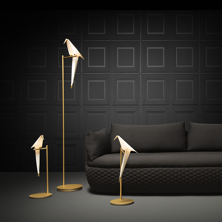 modern living room featuring moooi perch light floor lamp and two perch light table lamps