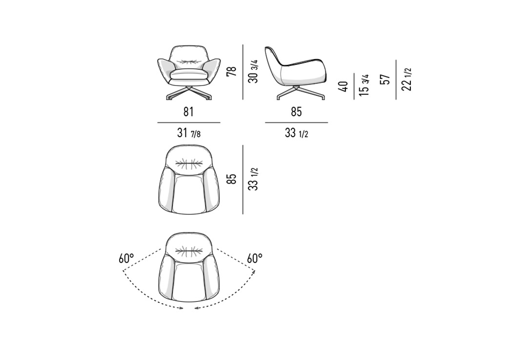 line drawing and dimensions for minotti jensen armchair
