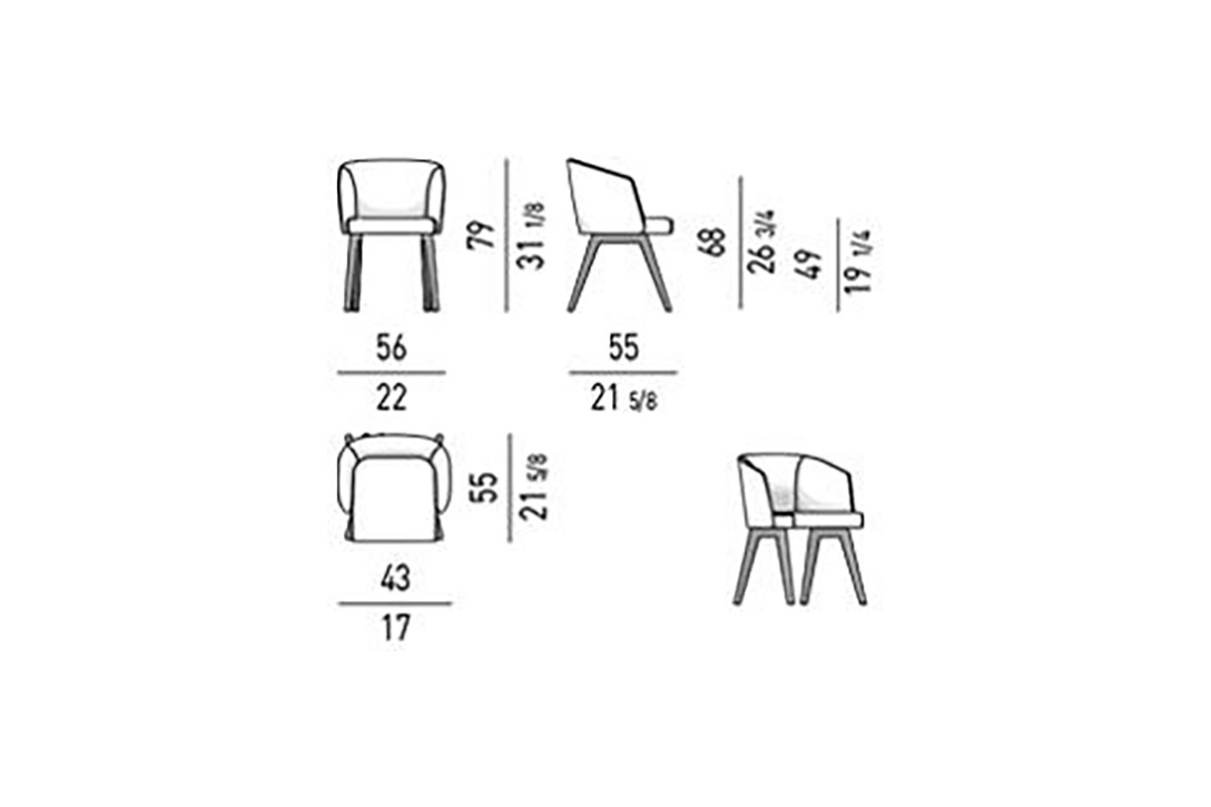 line drawing and dimensions for a minotti reeves dining chairs