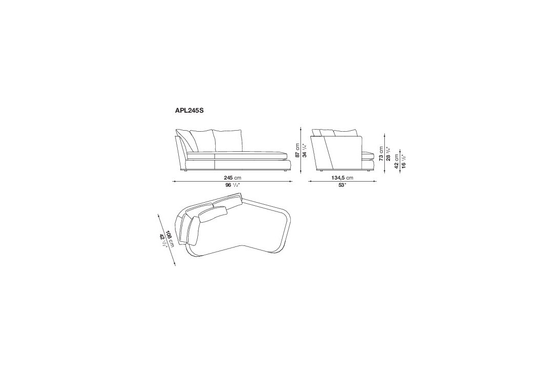 line drawing and dimensions for maxalto apollo sofa APL245S