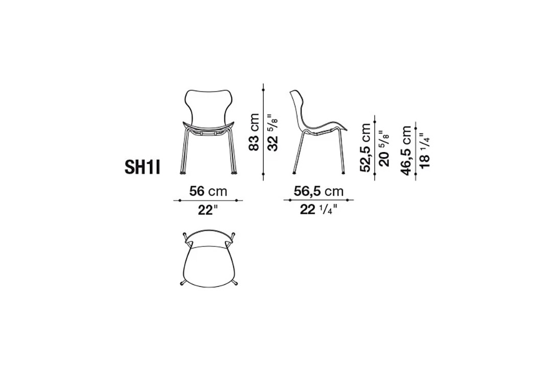 line drawing and dimensions for b&b italia papilio shell chair sh1i