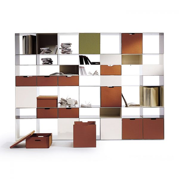 flexform infinity bookcase with box cowhide storage baskets