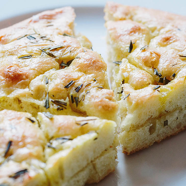 focaccia sliced in wedges