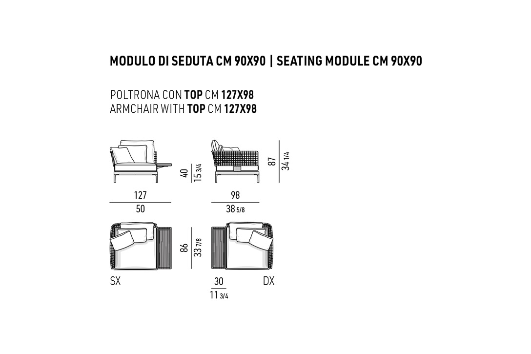 line drawing and dimensions for a minotti patio outdoor armchair 90cm