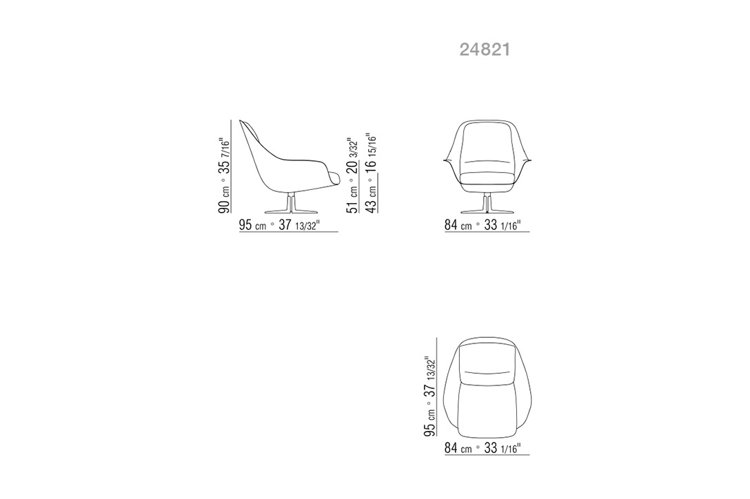 line drawing and dimensions for a flexform sveva armchair
