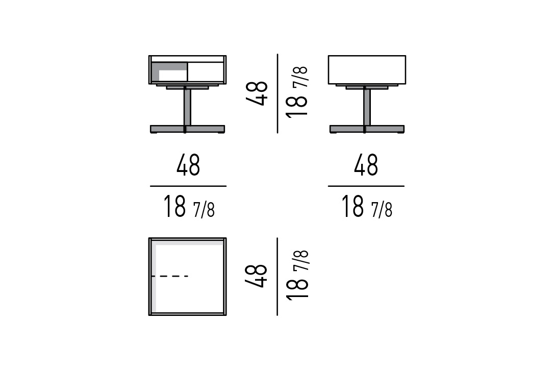line drawing and dimensions for a minotti close nightstand