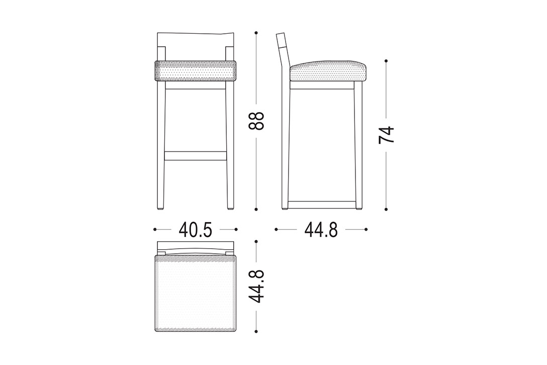line drawing and dimensions for a riva 1920 dino counter stool