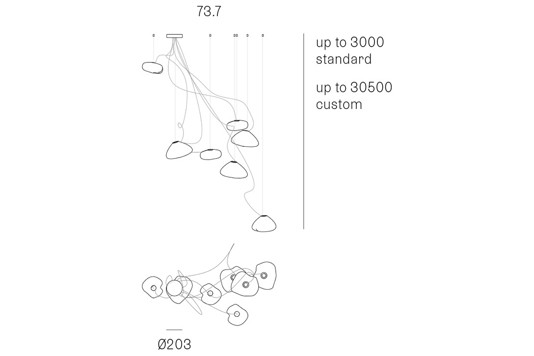 line drawing and dimensions for a bocci 73.7 sculptural cable pendant light