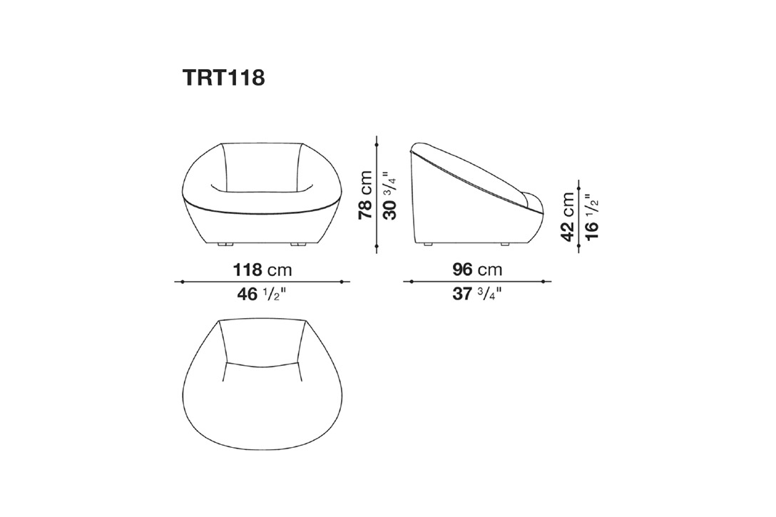 line drawing and dimensions for b&b italia tortello armchair