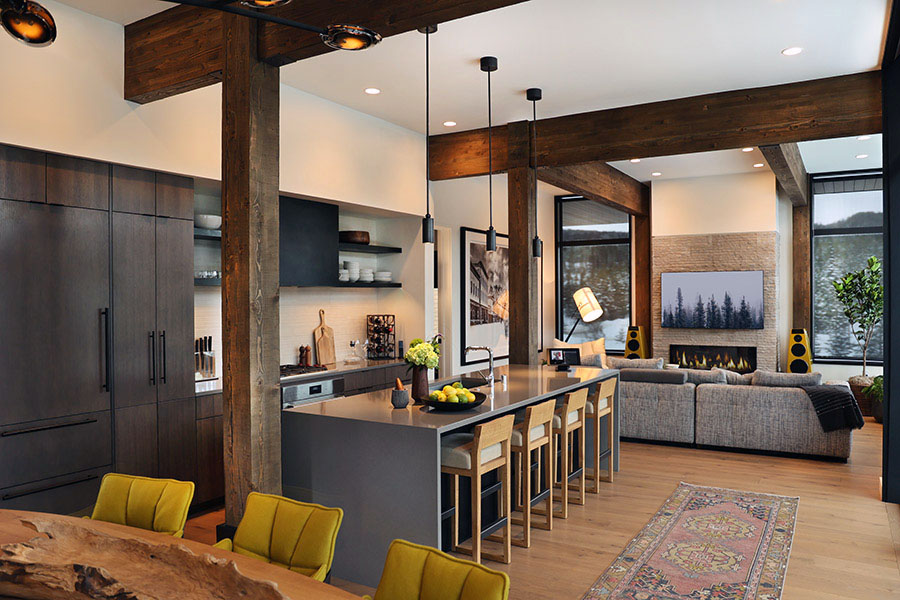 studio como project division dining room interior at lake lodge big sky, mt